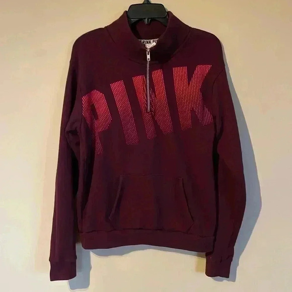 PINK Sweatshirt Women’s Medium Maroon Spellout 1/4 Zip Kangaroo Pouch - Picture 2 of 9